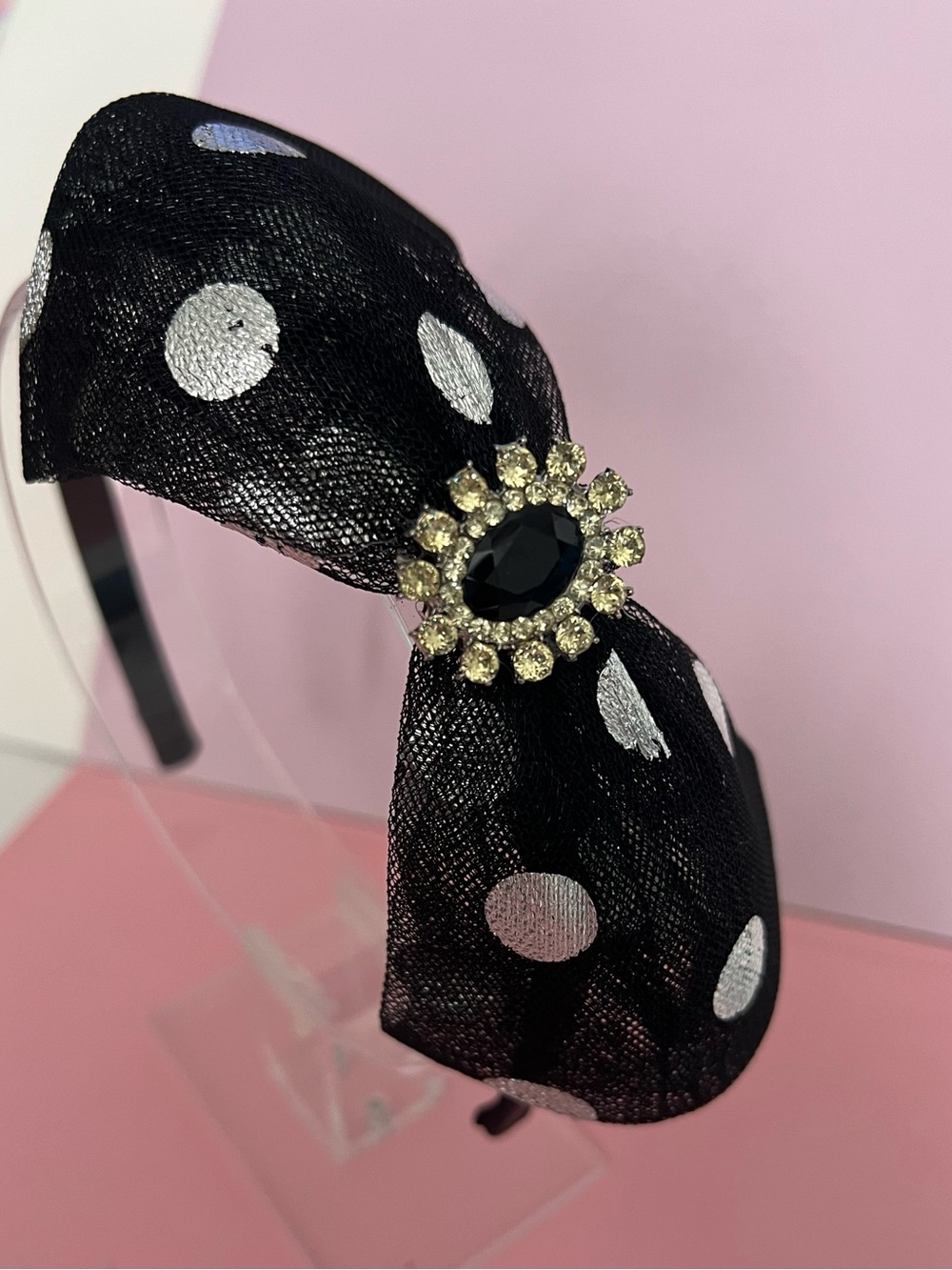 Black Polka Dot Bow Headband with Rhinestone Accent - Picture 2 of 3